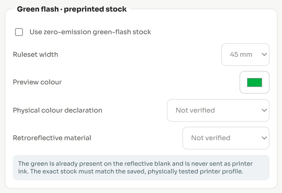 The Green flash panel: a zero-emission tick box, ruleset width, preview colour, and physical colour and retroreflective material declarations.
