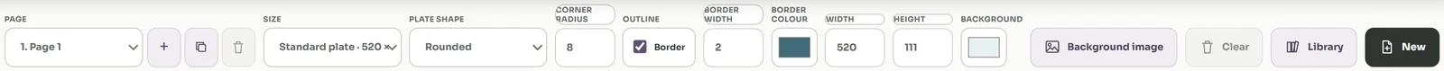 The Sign Studio top bar showing size, plate shape, corner radius, outline, border width and colour, width, height, background, background image, library and new controls.