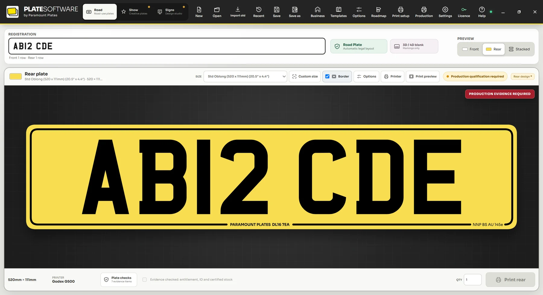 The road plate designer with a standard oblong yellow rear plate reading AB12 CDE, the supplier marking along the bottom edge, and a banner reading Production evidence required.